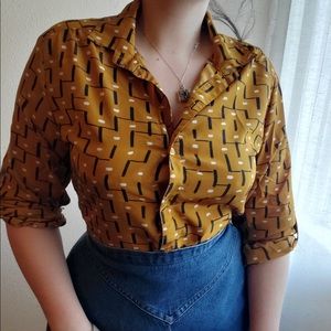 Vintage 80’s - 90’s Women’s Silky Geometric Mustard Button Up Blouse